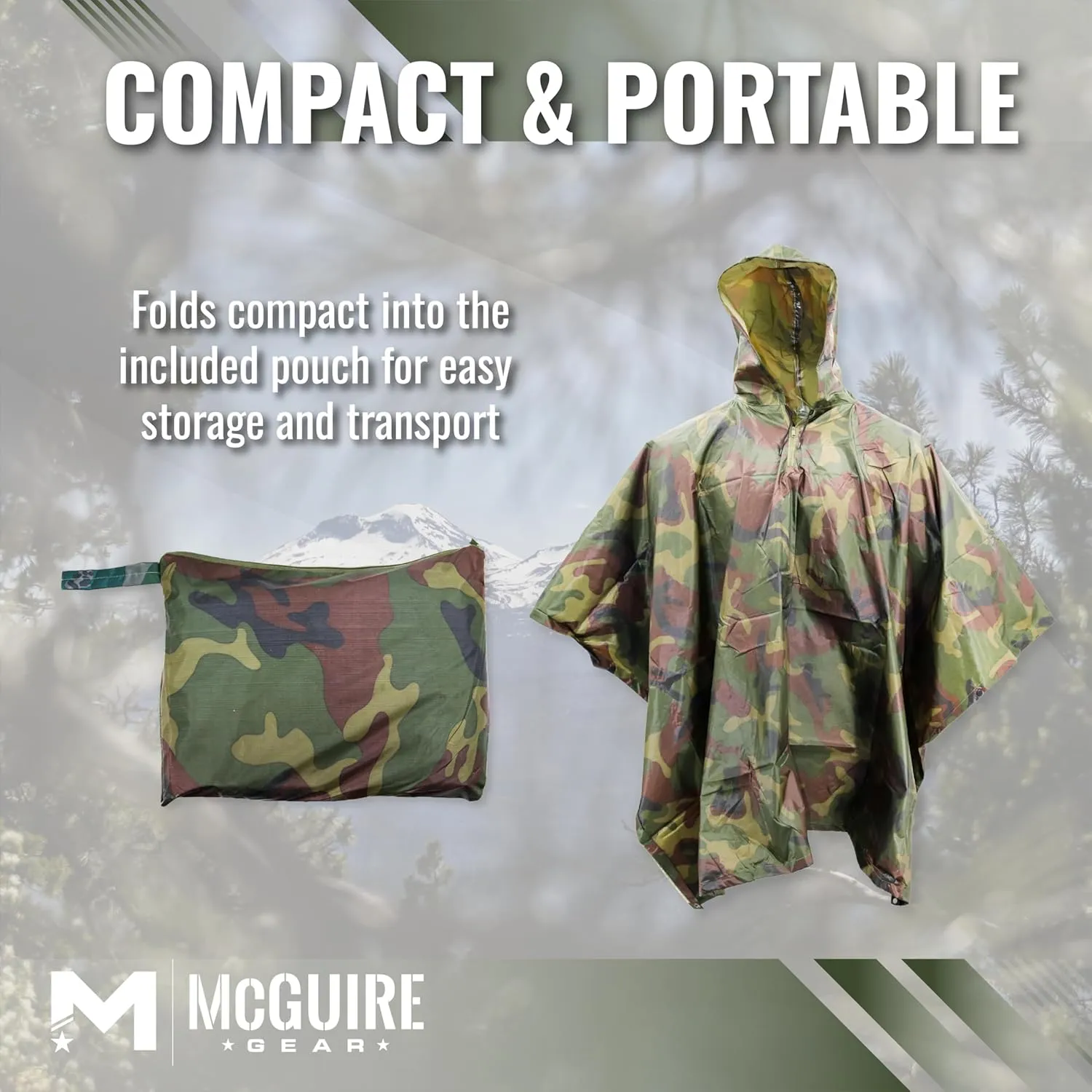 M MCGUIRE GEAR Hooded Military Rain Poncho, Outdoor Emergency Rain Jacket, Waterproof Poncho for Adults, Hiking, Camping
