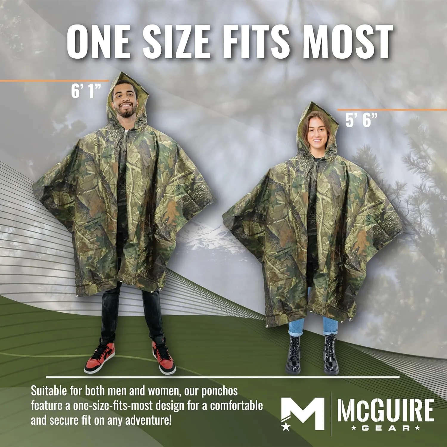 M MCGUIRE GEAR Hooded Military Rain Poncho, Outdoor Emergency Rain Jacket, Waterproof Poncho for Adults, Hiking, Camping