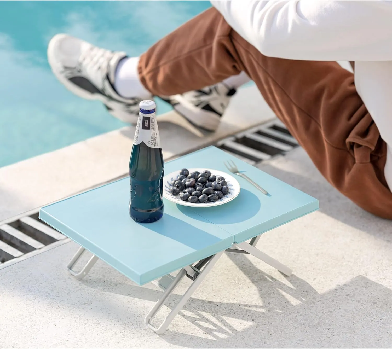 Maarch Small Beach Table for Sand Foldable, Plastic Folding Beach Tray Table, Portable Mini Low Picnic Camping Table, Light Blue