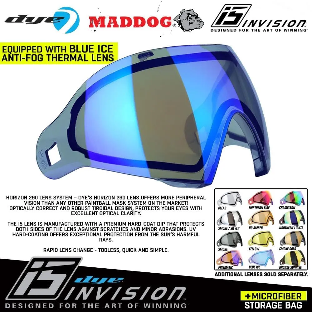 Maddog Dye i5 Thermal Anti-Fog Paintball Airsoft Mask Goggle System Combo with Microfiber Bag | Safety Certified Protection