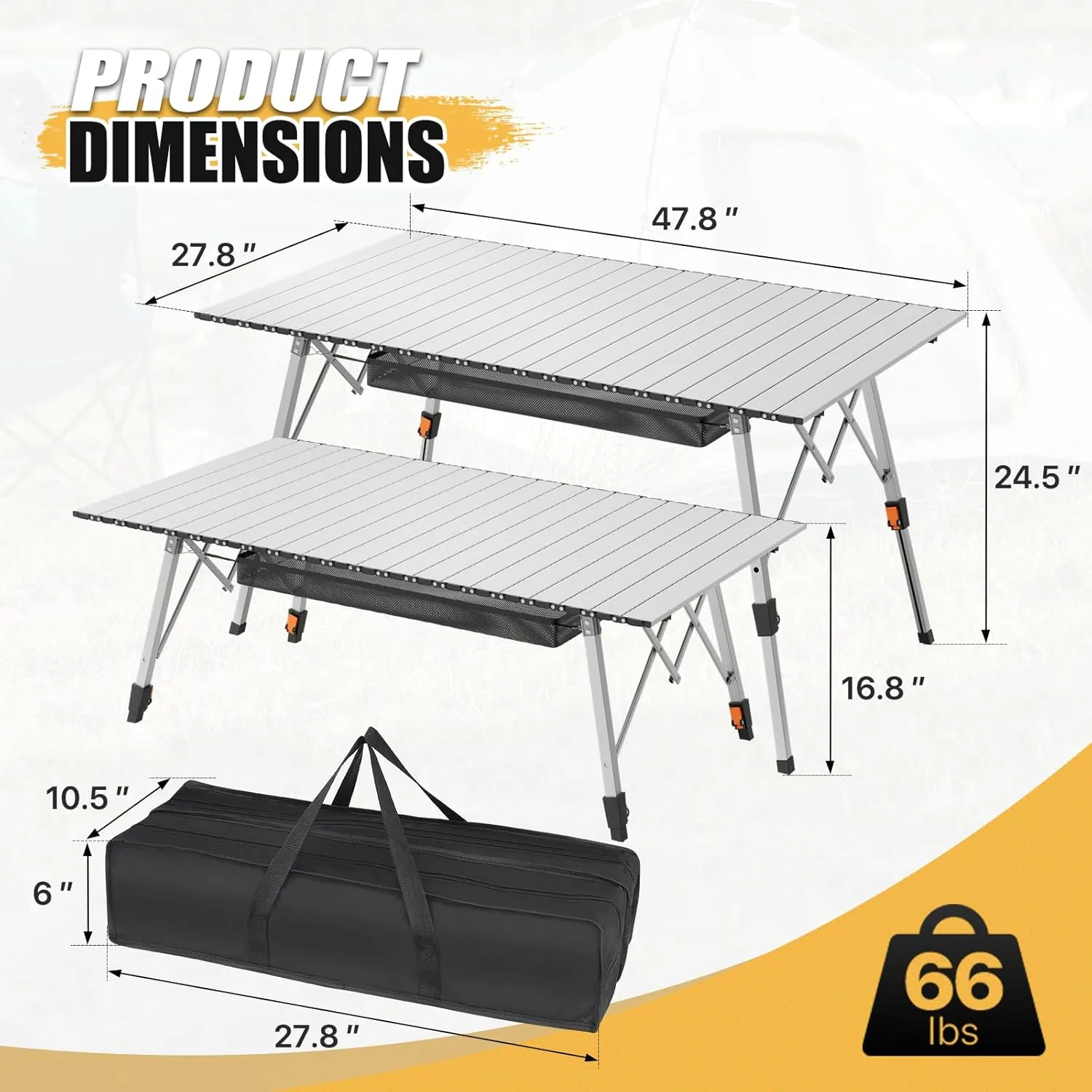 MADOG Folding Camping Table, 47'' Portable Aluminum Roll Up Table with Carry Bag, Camp Convenient for Picnics, Camping, Silver