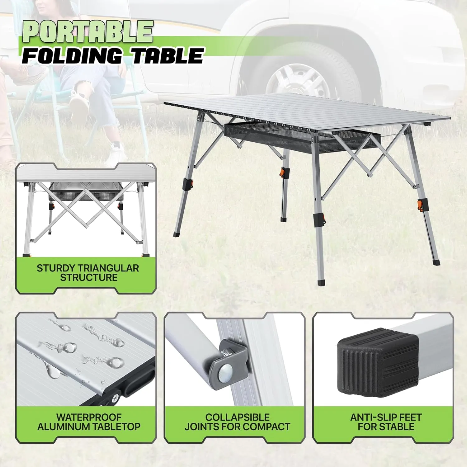 Magshion Folding Camping Table, Foldable Outdoor Camping Table with Carry Bag, Lightweight and Adjustable Height Perfect Aluminum Roll Up Table for Picnic Trips, Silver