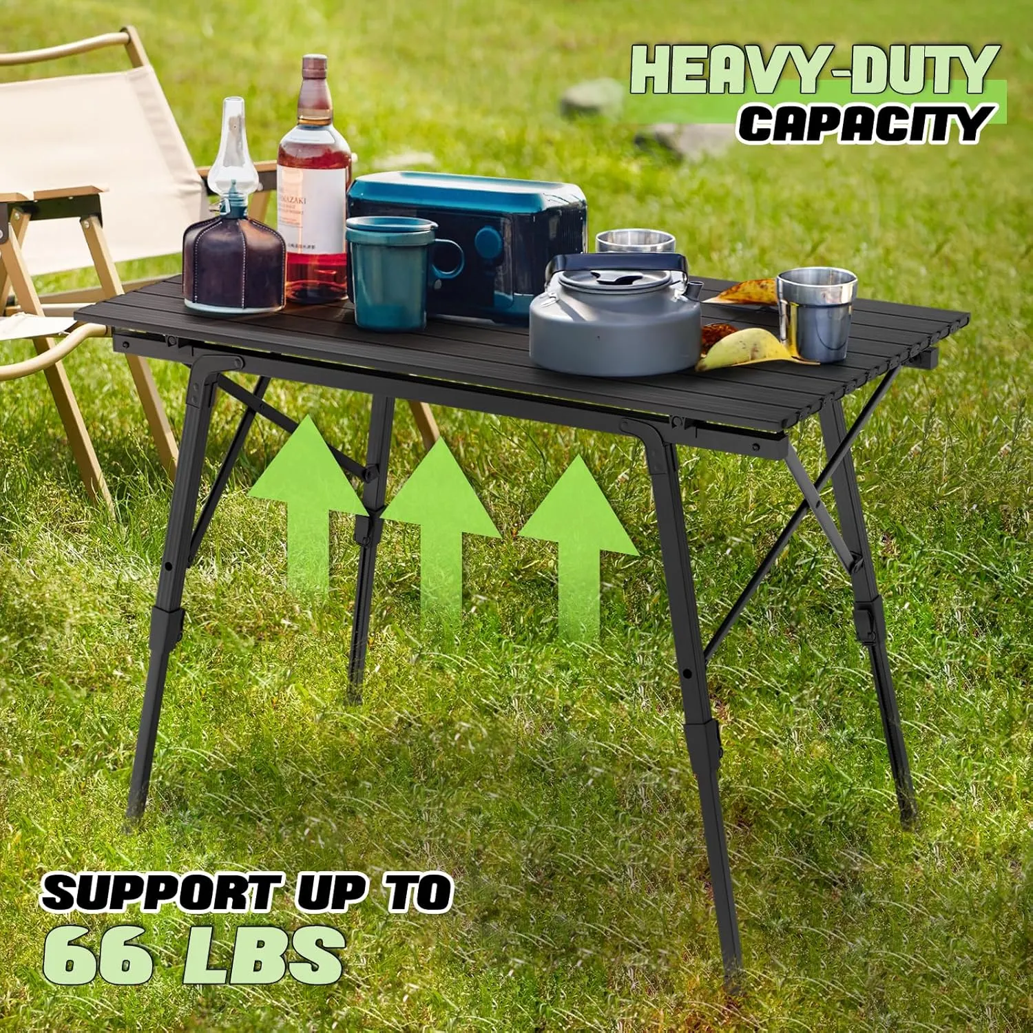 Magshion Folding Camping Table, Portable Outdoor Camping Table with Carry Bag, Adjustable Height, Aluminum Roll Up Table for Picnic and BBQ, Black