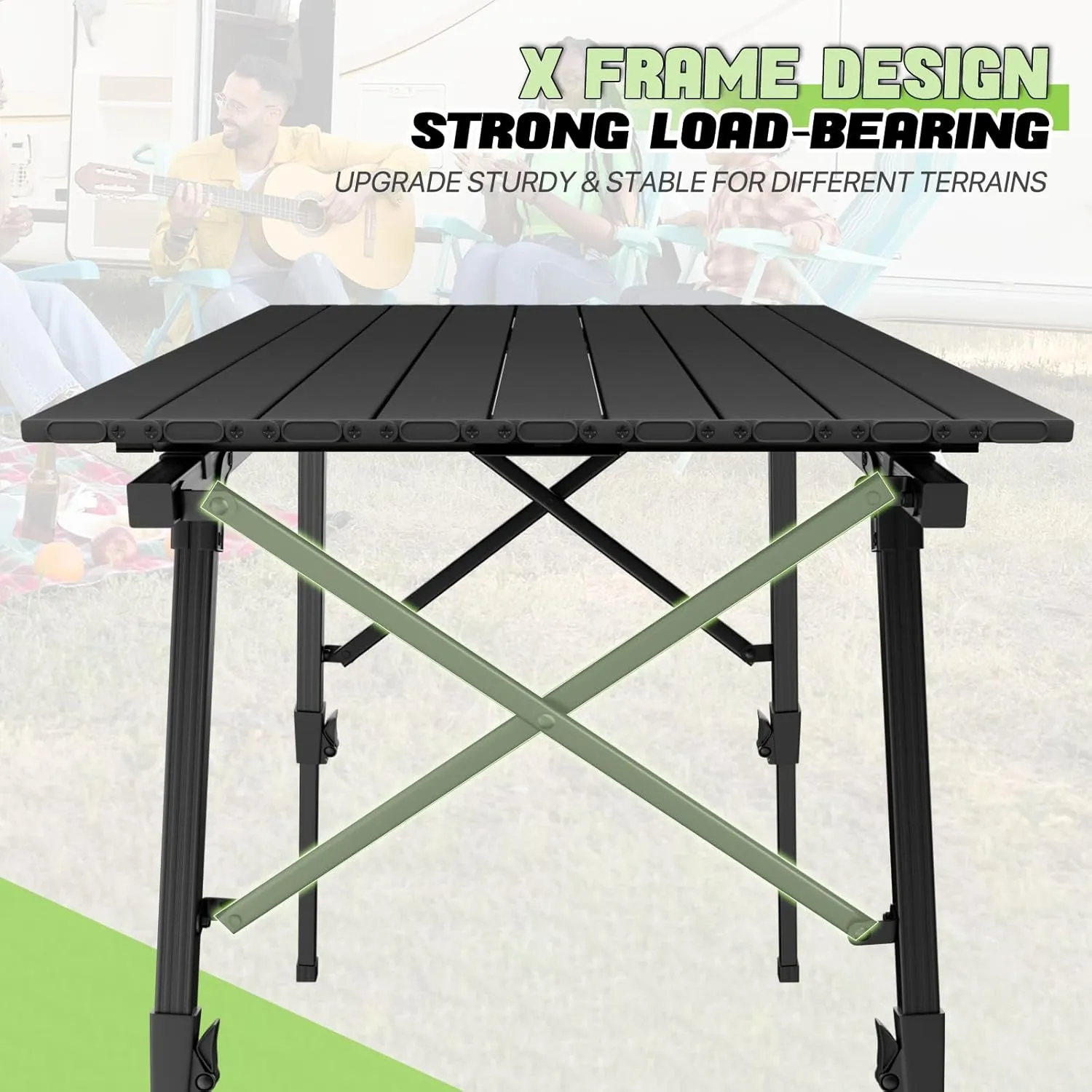 Magshion Folding Camping Table, Portable Outdoor Camping Table with Carry Bag, Adjustable Height, Aluminum Roll Up Table for Picnic and BBQ, Black