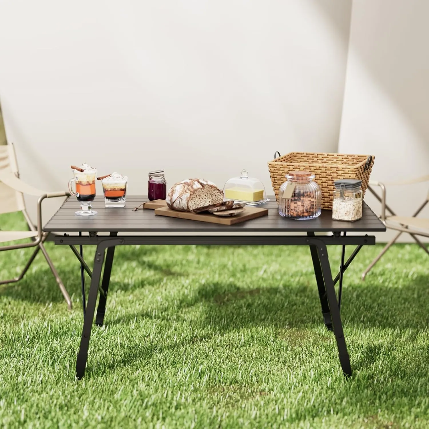 Magshion Folding Camping Table, Portable Outdoor Camping Table with Carry Bag, Adjustable Height, Aluminum Roll Up Table for Picnic and BBQ, Black