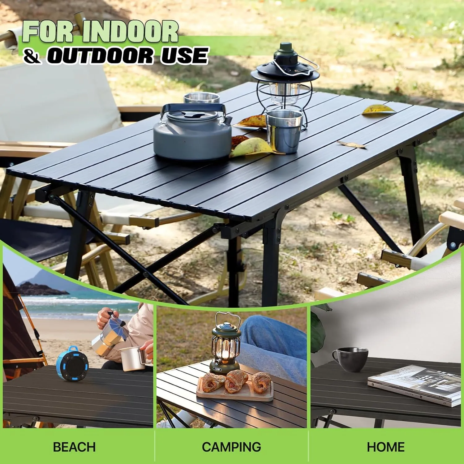Magshion Folding Camping Table, Portable Outdoor Camping Table with Carry Bag, Adjustable Height, Aluminum Roll Up Table for Picnic and BBQ, Black