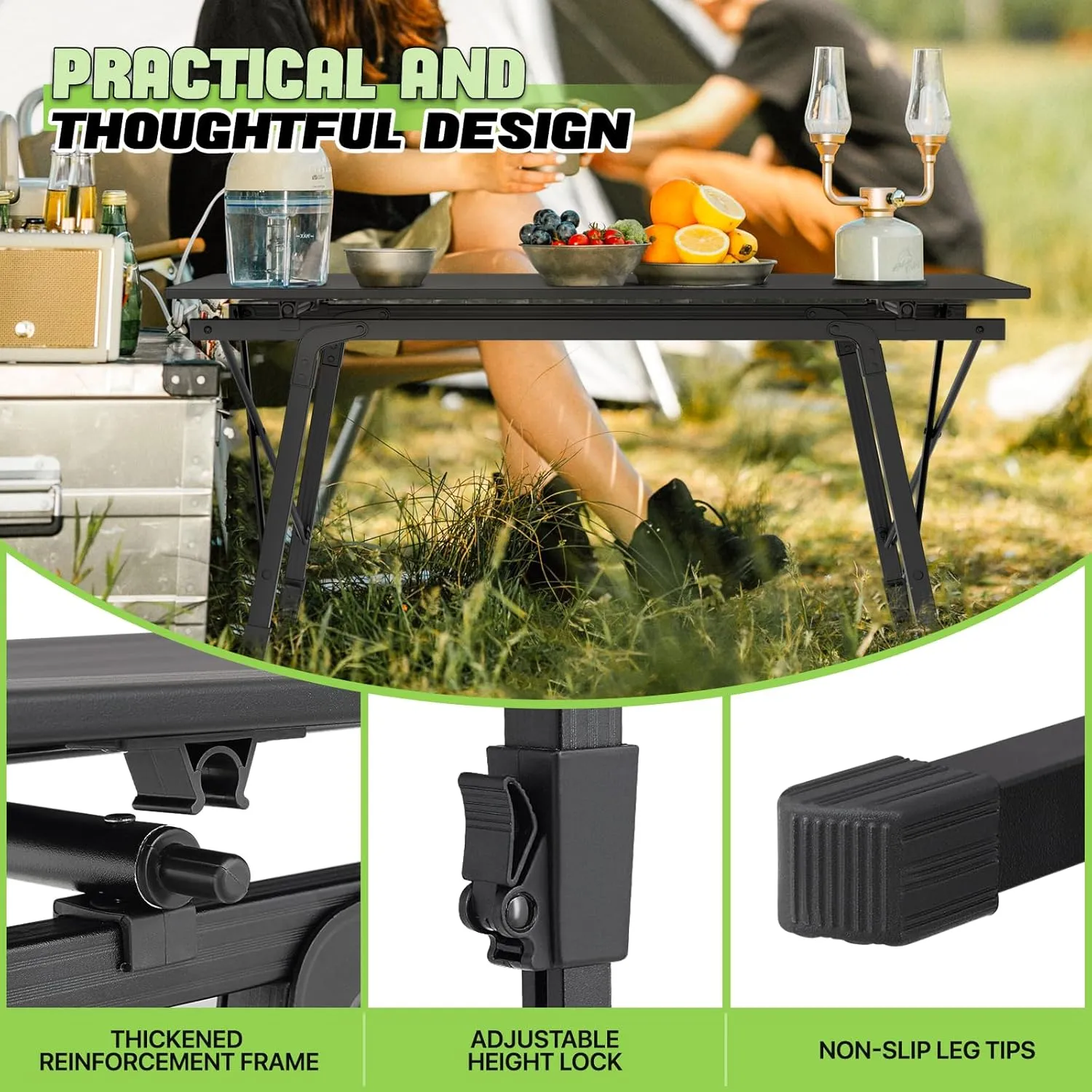 Magshion Folding Camping Table, Portable Outdoor Camping Table with Carry Bag, Adjustable Height, Aluminum Roll Up Table for Picnic and BBQ, Black