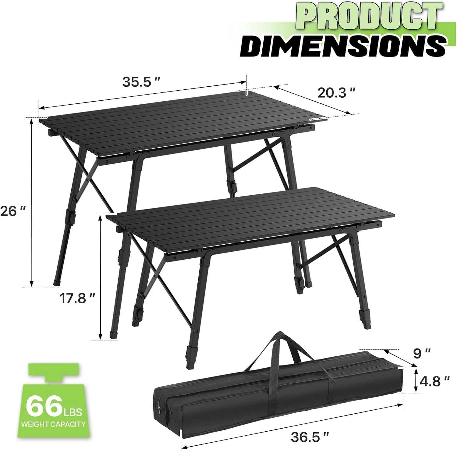 Magshion Folding Camping Table, Portable Outdoor Camping Table with Carry Bag, Adjustable Height, Aluminum Roll Up Table for Picnic and BBQ, Black