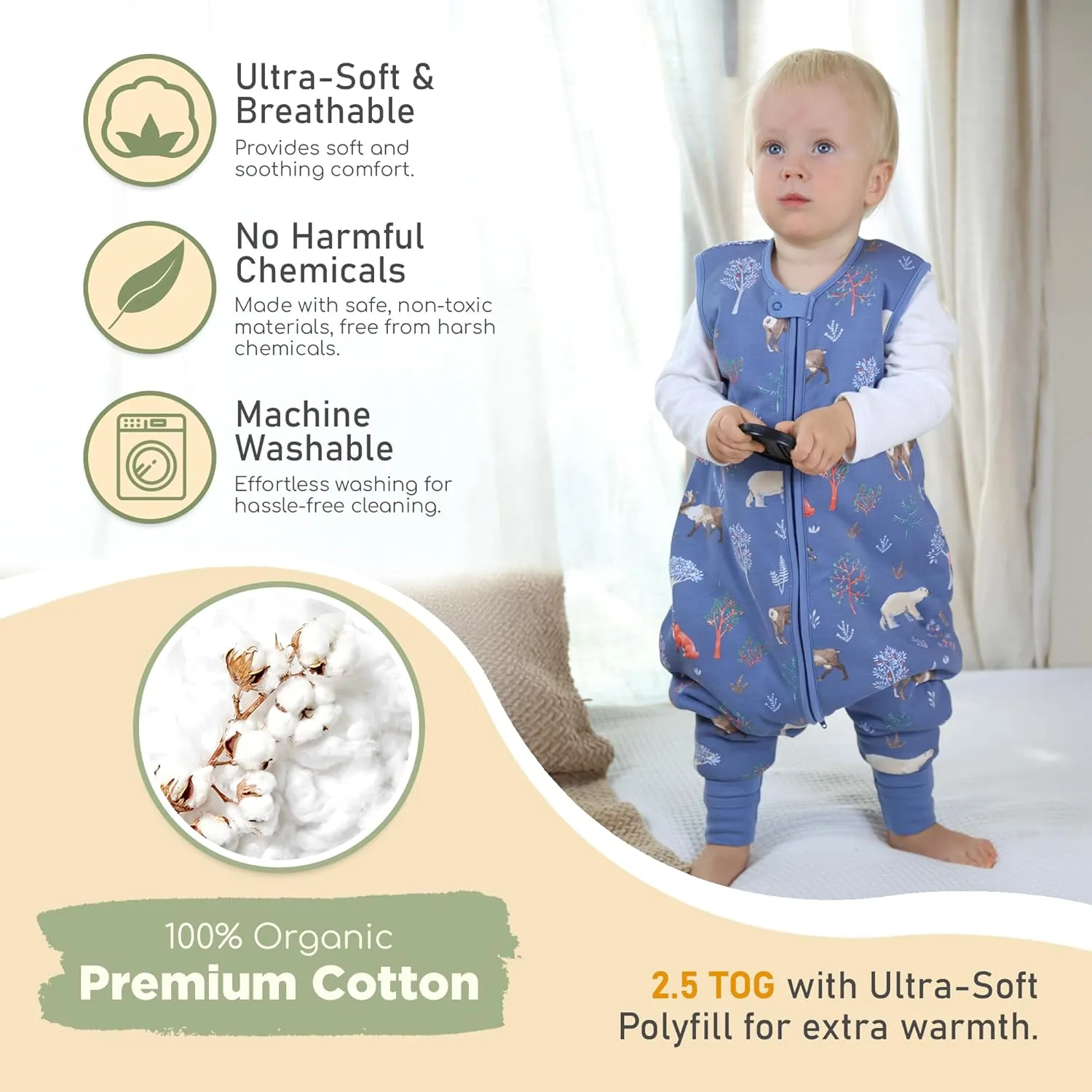 Mama Cheetah Toddler Sleep Sack with Feet 2T, 2.5 TOG Organic Cotton Baby Sleeping Bag with Legs, Baby Wearable Blankets for Walkers w/ 2-Way Zipper, Baby Sleep Sack for Girls Boys, Medium