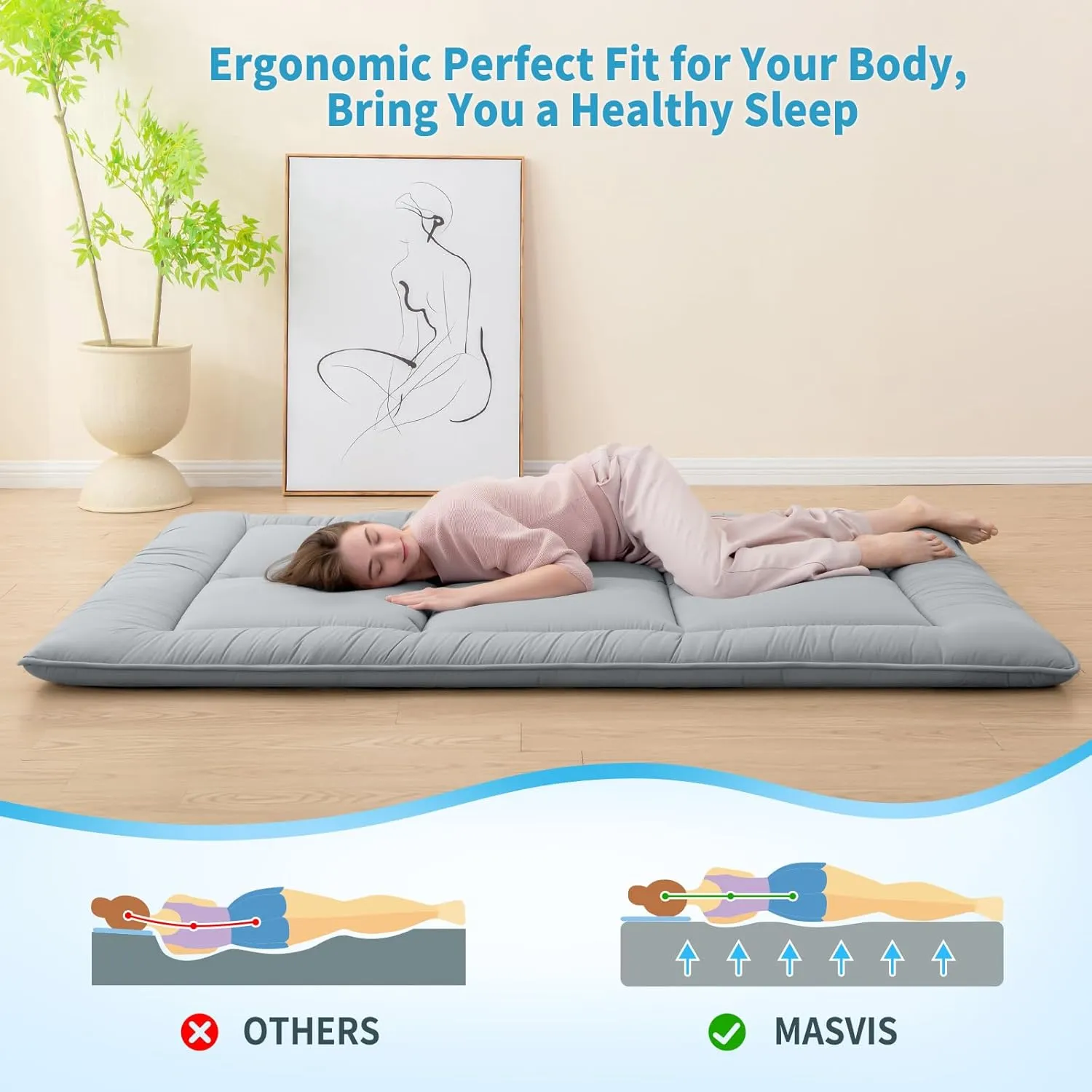 MASVIS Japanese Futon Mattress,Floor Mattress Thicken Sleeping Mattress Foldable & Portable Roll up Camping Mattress,Grey,Queen