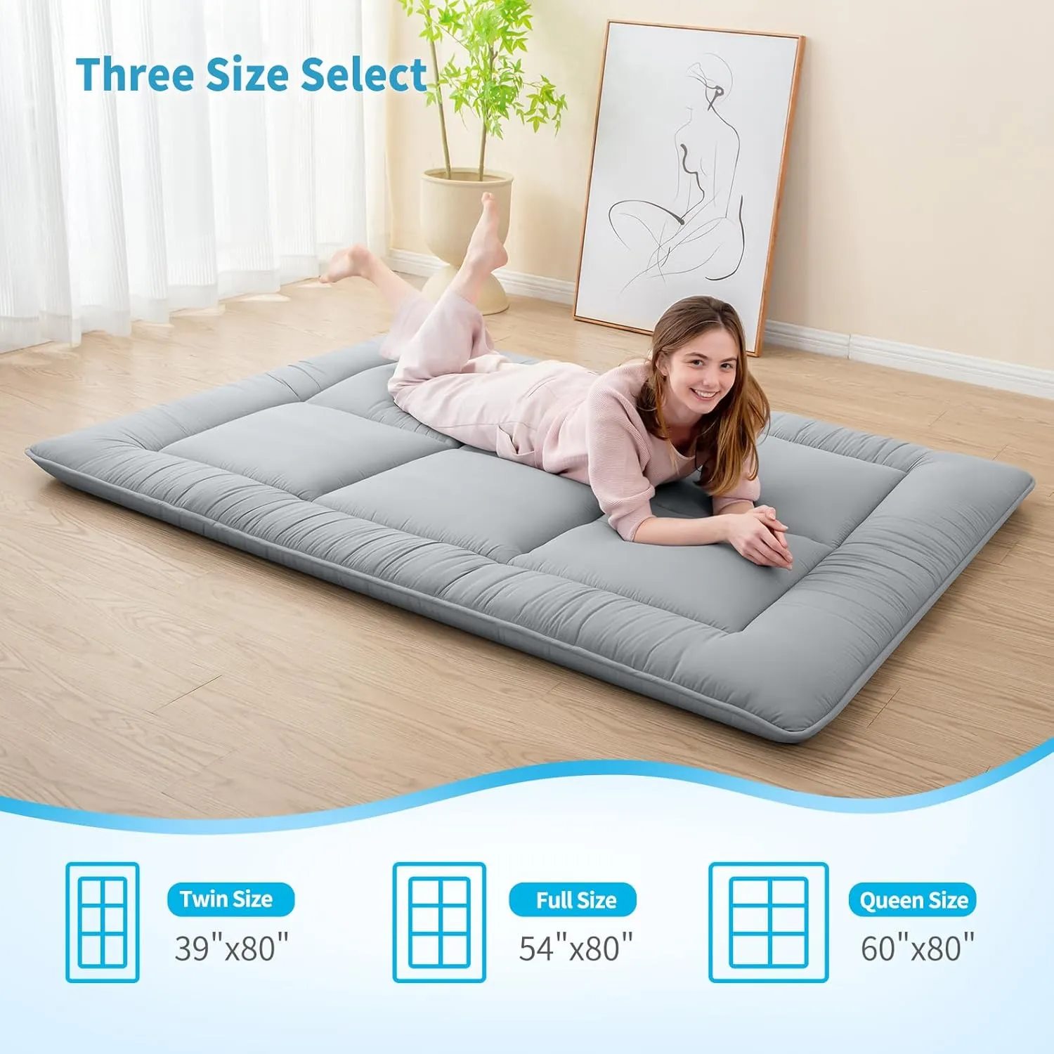 MASVIS Japanese Futon Mattress,Floor Mattress Thicken Sleeping Mattress Foldable & Portable Roll up Camping Mattress,Grey,Queen