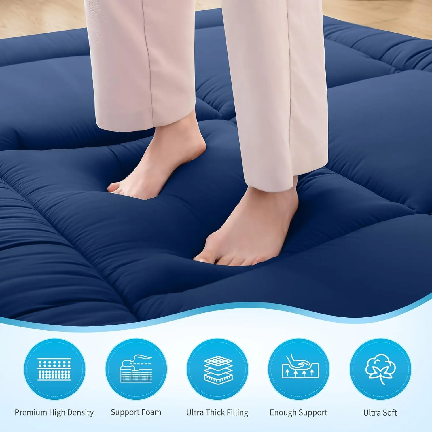 MASVIS Japanese Futon Mattress,Floor Mattress Thicken Sleeping Mattress Foldable & Portable Roll up Camping Mattress,Navy,Queen