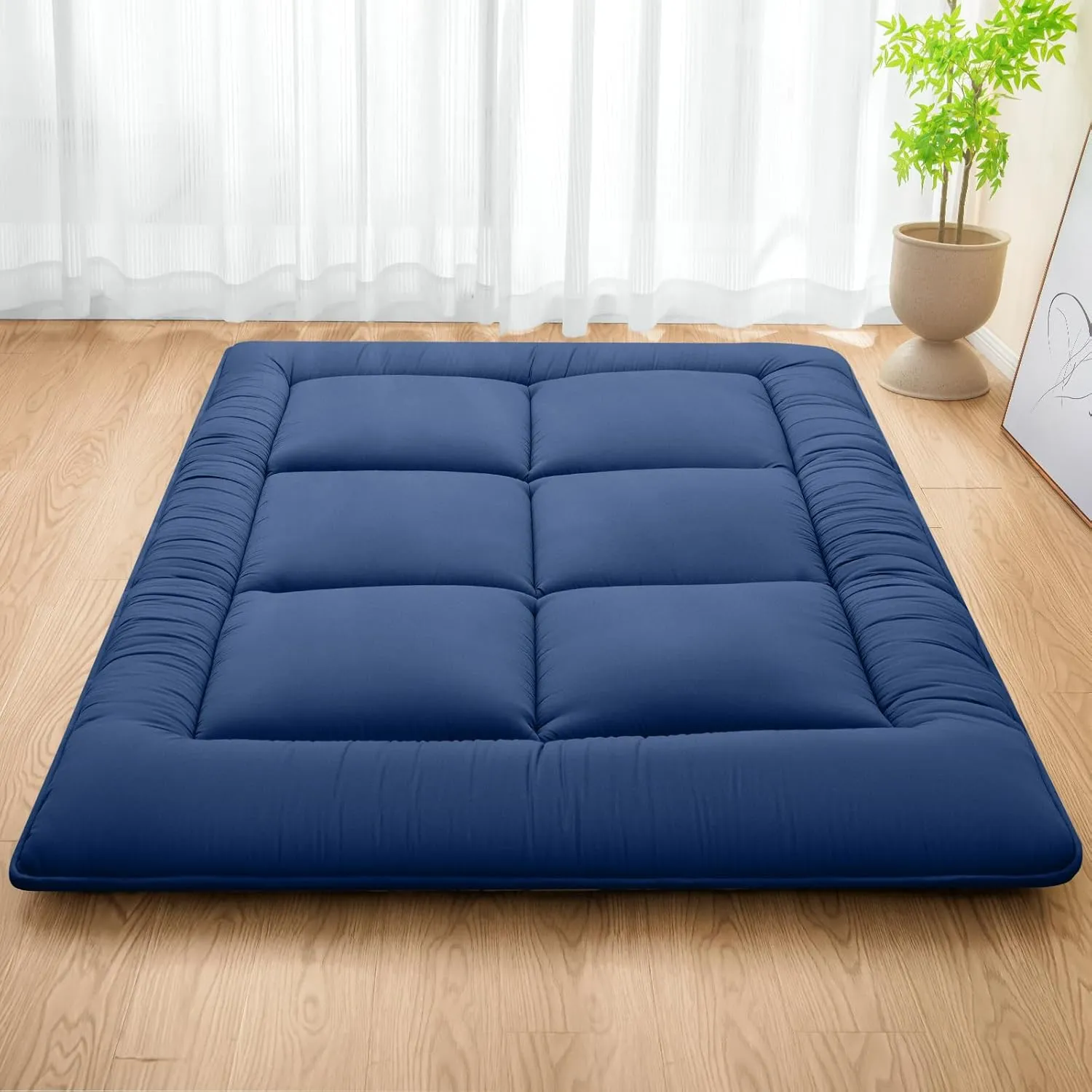 MASVIS Japanese Futon Mattress,Floor Mattress Thicken Sleeping Mattress Foldable & Portable Roll up Camping Mattress,Navy,Queen