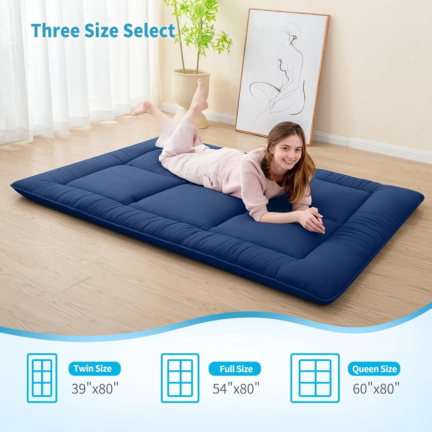 MASVIS Japanese Futon Mattress,Floor Mattress Thicken Sleeping Mattress Foldable & Portable Roll up Camping Mattress,Navy,Queen