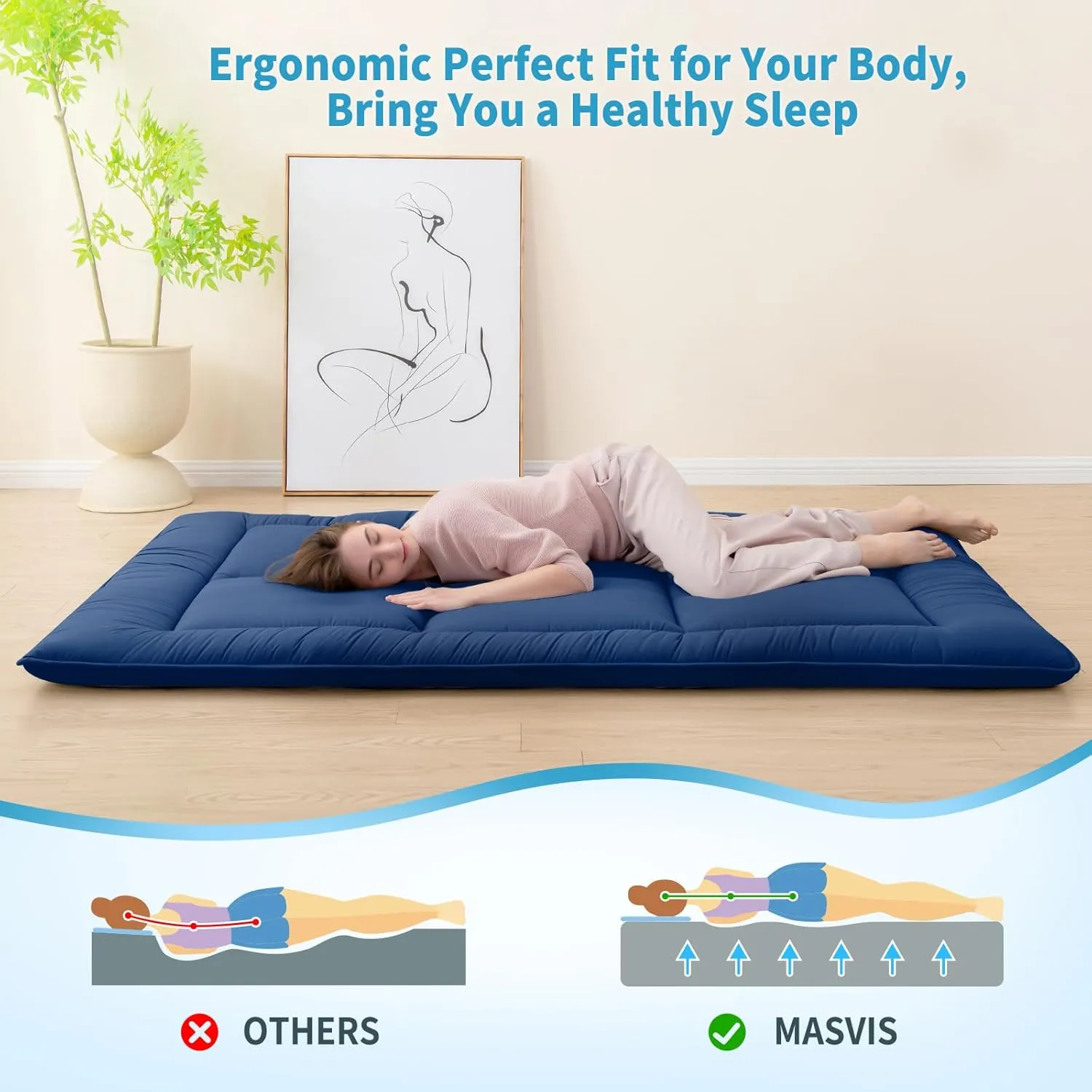 MASVIS Japanese Futon Mattress,Floor Mattress Thicken Sleeping Mattress Foldable & Portable Roll up Camping Mattress,Navy,Queen