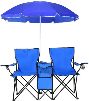 MBR Portable Folding Picnic Double Chair W/Umbrella Table Cooler Beach Camping Chair-Blue, 55.12''Lx31.89''Wx17.91''H