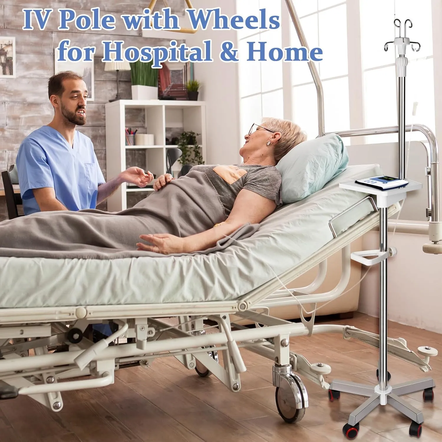 Medical IV Pole with Wheels - Stainless Steel Adjustable 57" to 79" Height IV Stand with Tray and 4 Hooks for Hospital, Home Infusion Practice and Therapy (White)