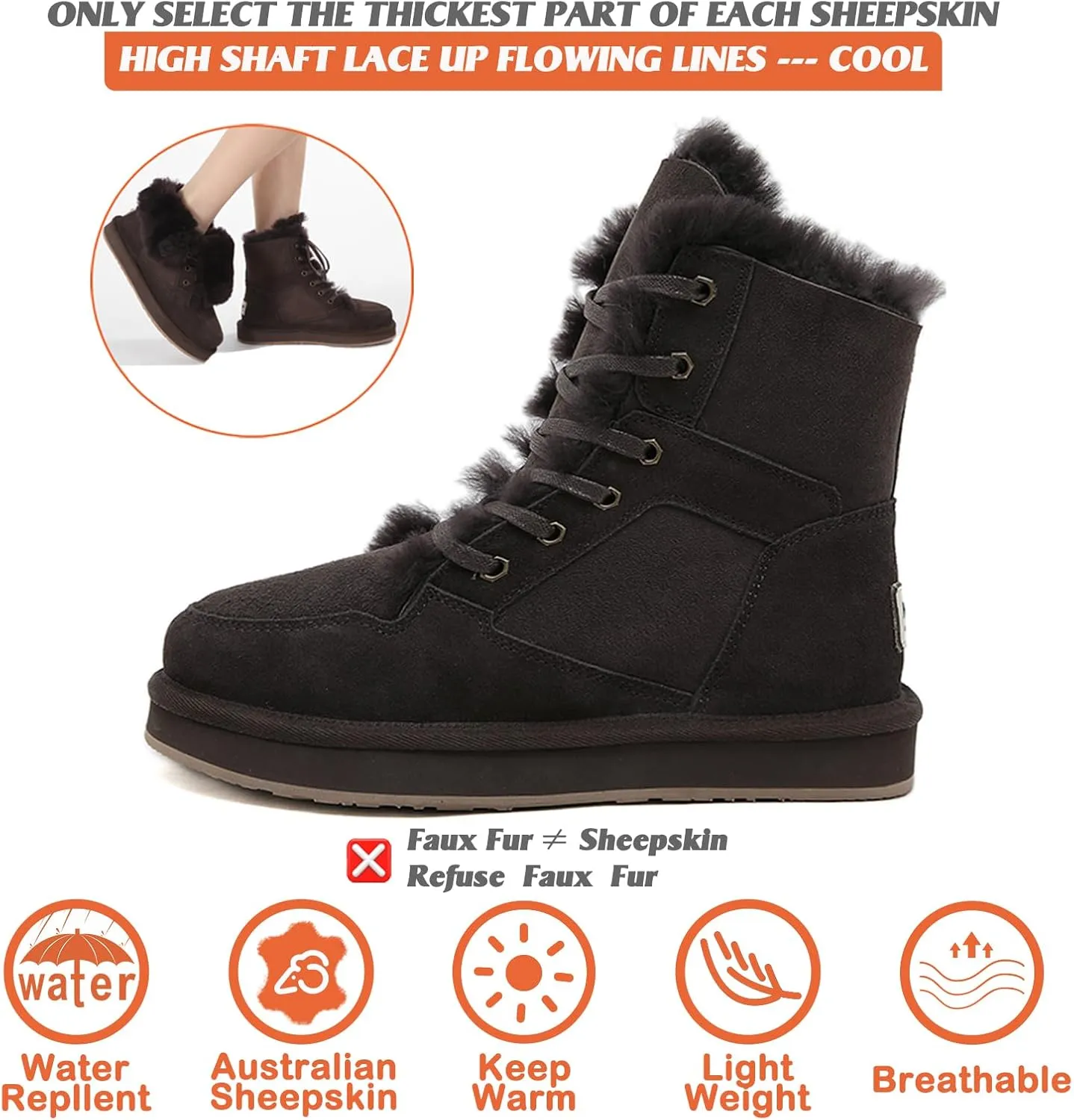 Mel&Syd Sheepskin Snow Boots for Womens Mens Mid Calf Flat Slip On Combat Boots Genuine Shearling Leather Classic Lace up/Hook Adjustable Buckle Fur Winter Shoes Booties