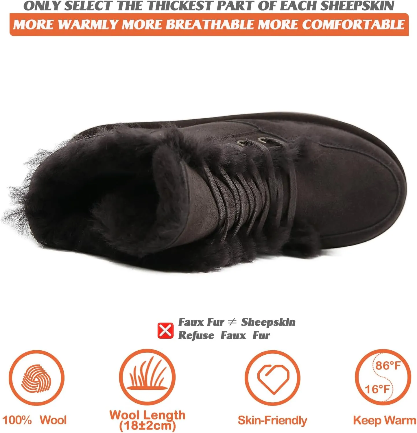 Mel&Syd Sheepskin Snow Boots for Womens Mens Mid Calf Flat Slip On Combat Boots Genuine Shearling Leather Classic Lace up/Hook Adjustable Buckle Fur Winter Shoes Booties
