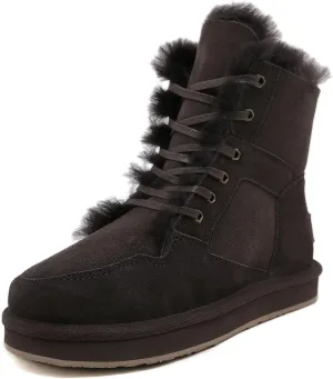 Mel&Syd Sheepskin Snow Boots for Womens Mens Mid Calf Flat Slip On Combat Boots Genuine Shearling Leather Classic Lace up/Hook Adjustable Buckle Fur Winter Shoes Booties