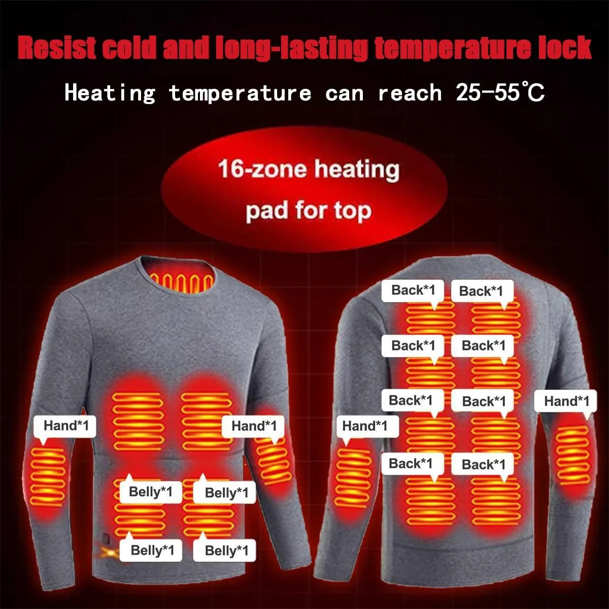 Men Electric Heated Underwear Tops 16 Zone USB Heating Thermal Shirt for Outdoor Cold Weather