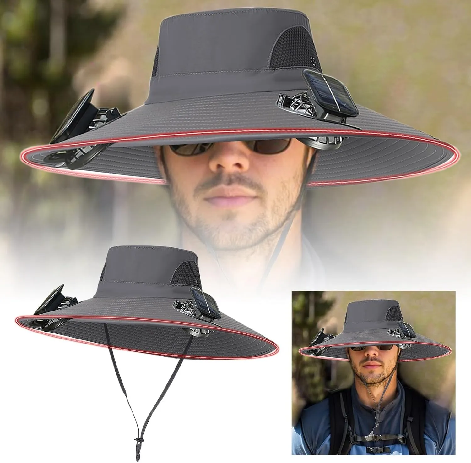 Men Women Wide Brim Sun Hats with 2 Solar Fan Waterproof Breathable Bucket Hat Outdoor Fishing Hat for Hiking Camping