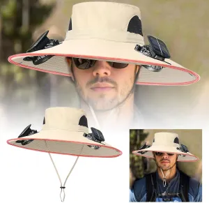 Men Women Wide Brim Sun Hats with 2 Solar Fan Waterproof Breathable Bucket Hat Outdoor Fishing Hat for Hiking Camping