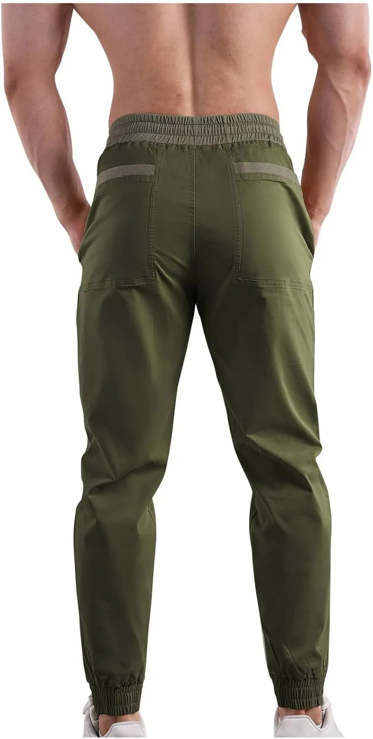 Mens Cargo Pants Drawstring Regular Fit Casual Athletic Pants for Men Training Running Sports Joggers with Pocket