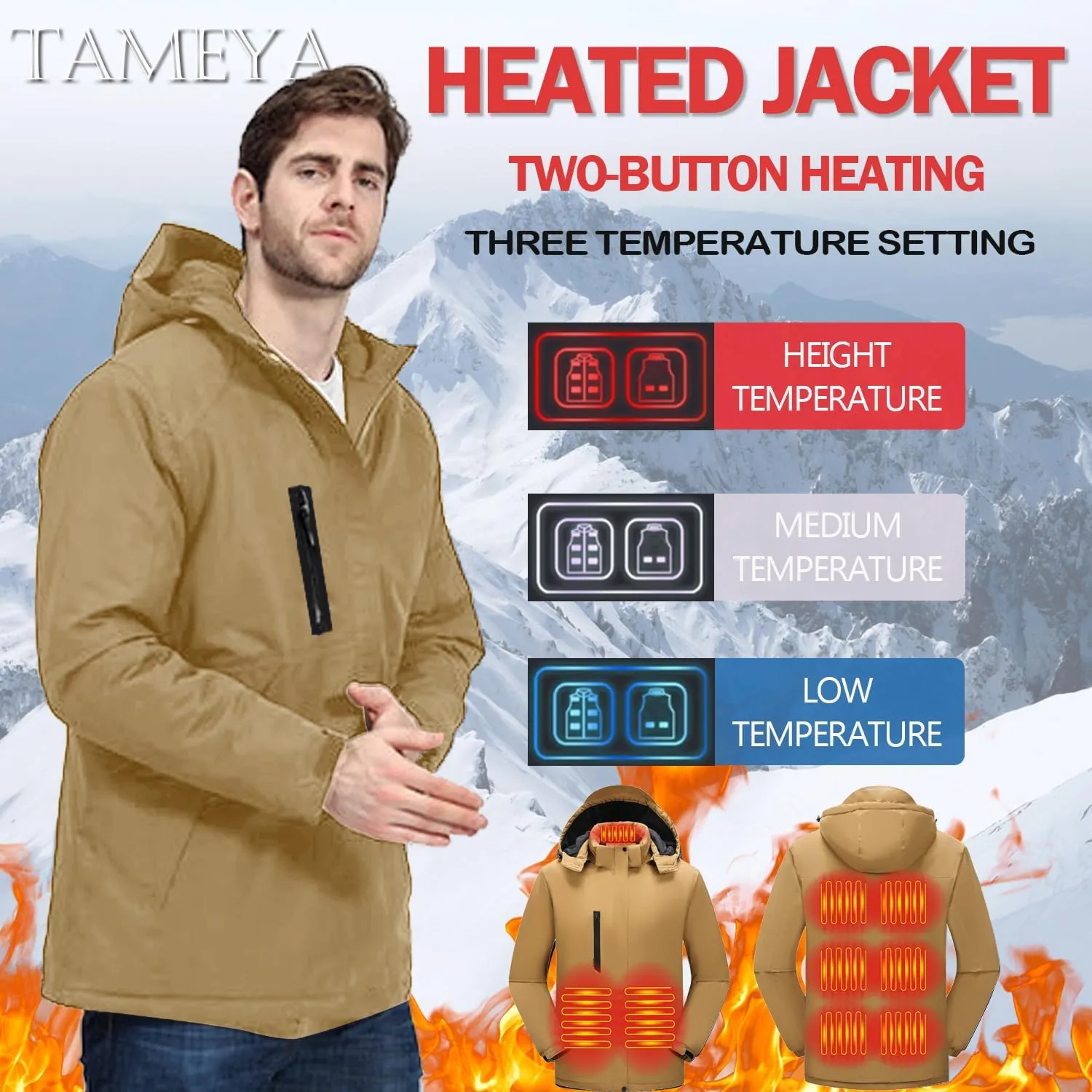 Mens Heated Jackets Detachable Hood, Washable Lightweight Zip Winter Jackets Coat, 3 Heating Levels & 9 Heating Zones