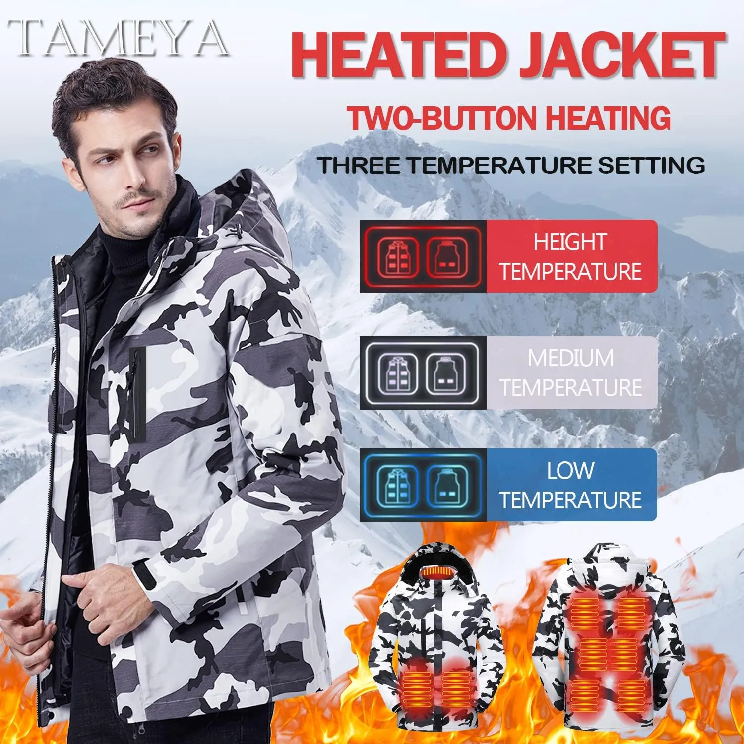 Mens Heated Jackets Detachable Hood, Washable Lightweight Zip Winter Jackets Coat, 3 Heating Levels & 9 Heating Zones