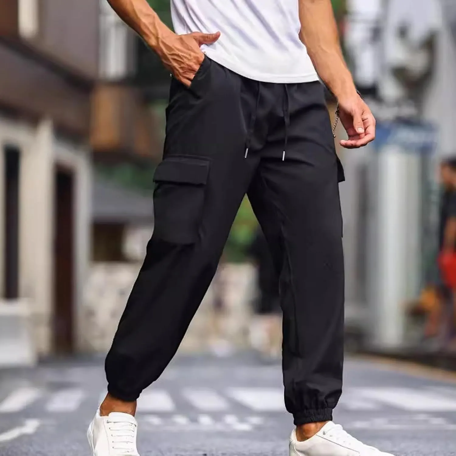 Mens Joggers with Pocket Cargo Drawstring Casual Athletic Sports Lightweight Pants Running Workout Relaxed Fit Trousers