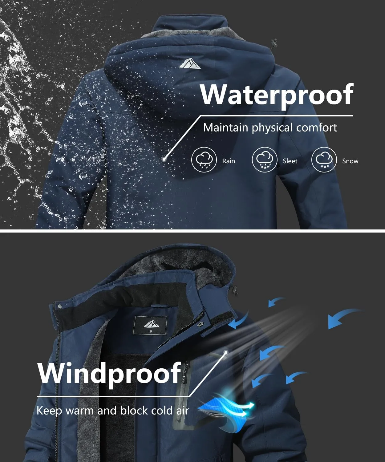 Men's Mountain Ski Jacket Waterproof Winter Coat Warm Snowboarding Jacket Snow Windbreaker Hooded for Hiking