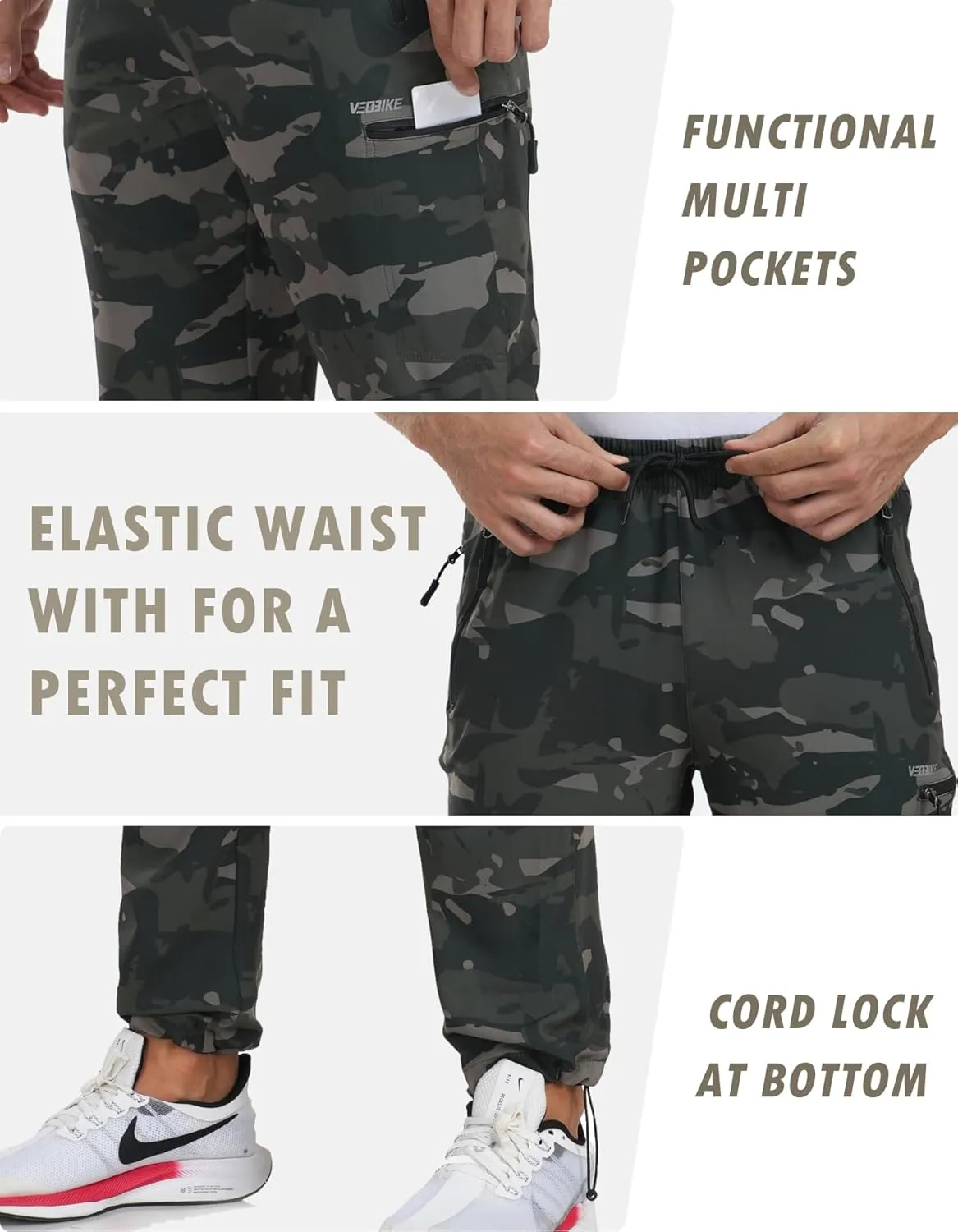 Mens Stretch Hiking Pants Cargo Quick Dry Lightweight Water Resistant Outdoor Fishing Pants Adjustable Bottom Pockets