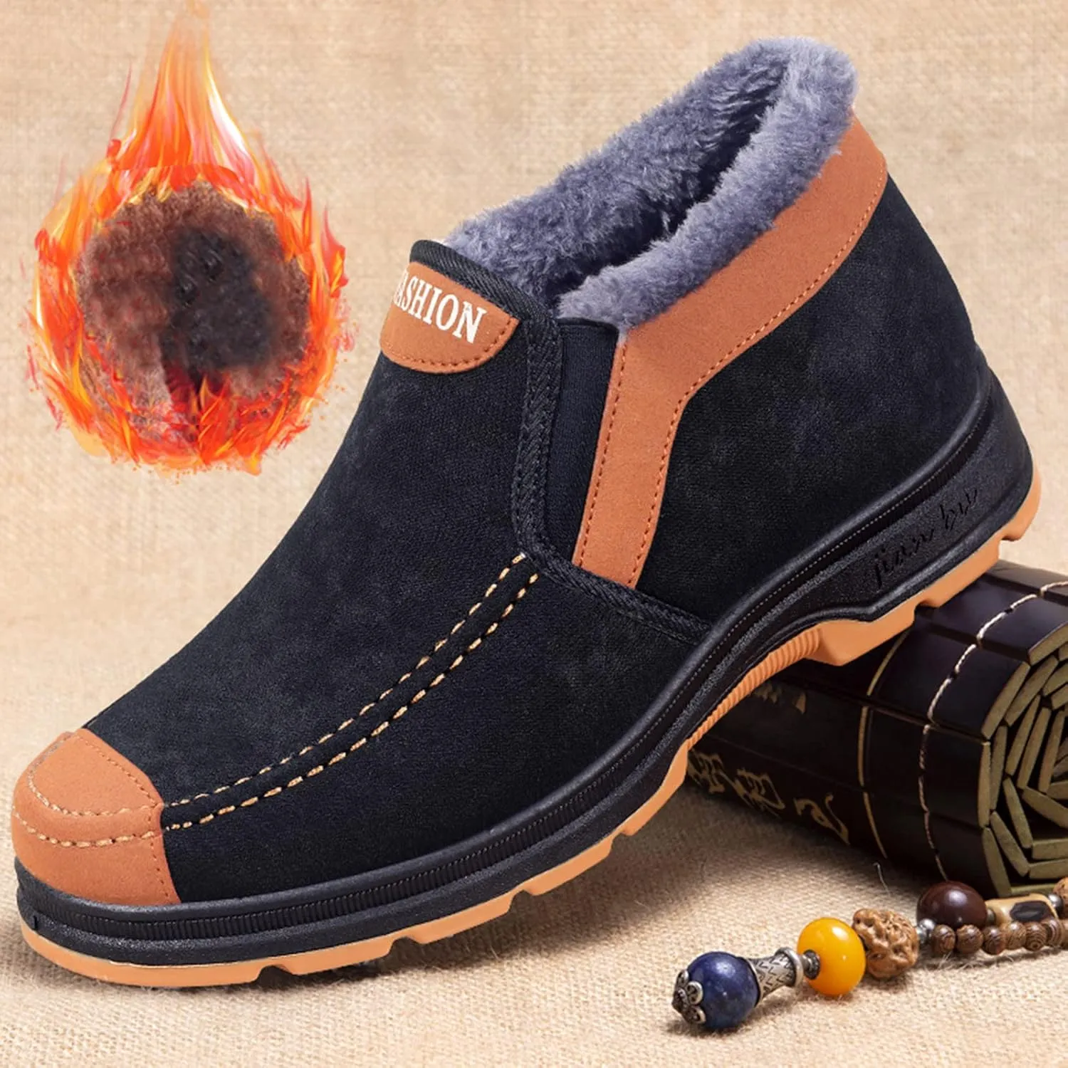 Men's Suede Ankle Boots Classic Slip On Furry Boots Fleece Lined Warm Winter Boots Non Slip Men's Insulated Rain Boots