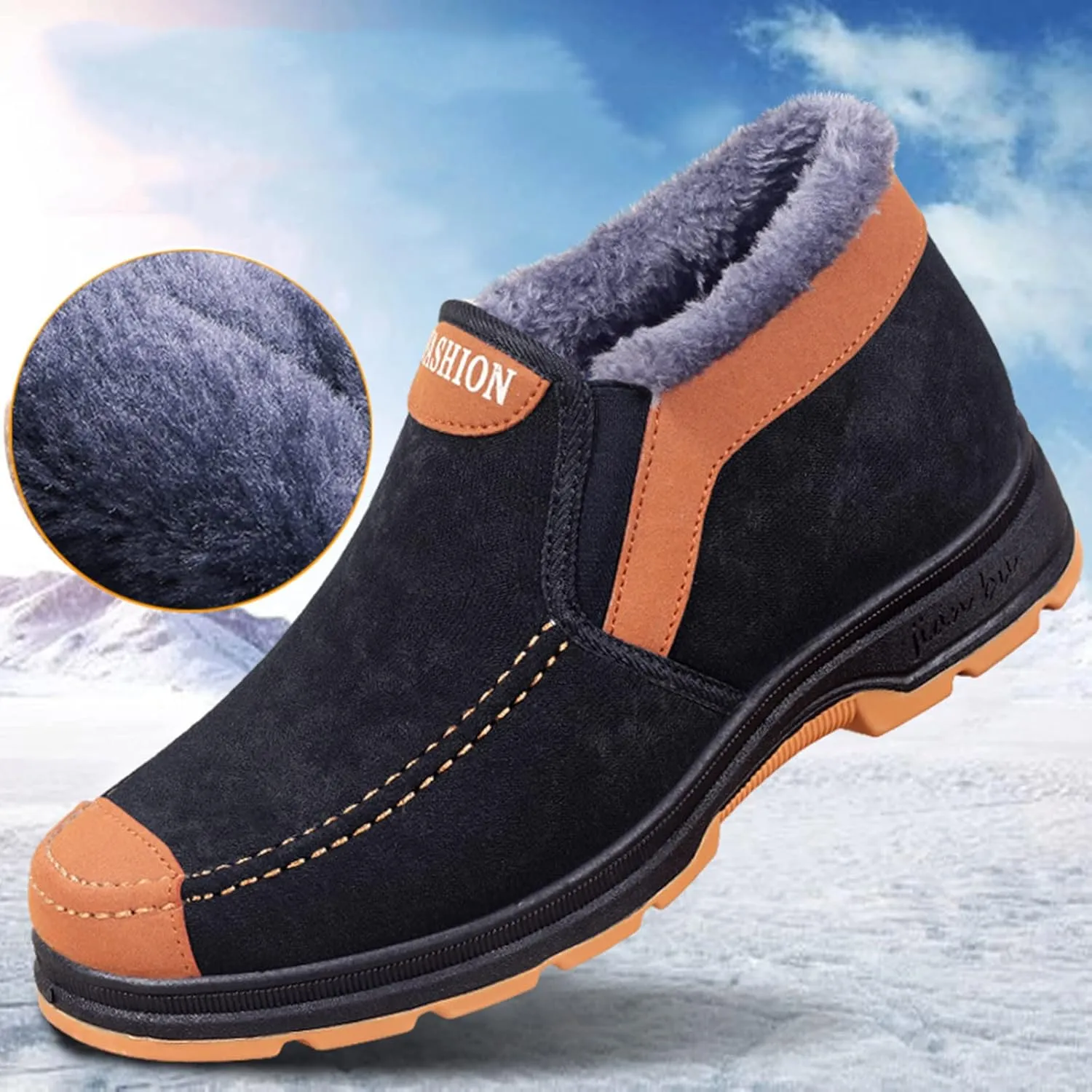 Men's Suede Ankle Boots Classic Slip On Furry Boots Fleece Lined Warm Winter Boots Non Slip Men's Insulated Rain Boots