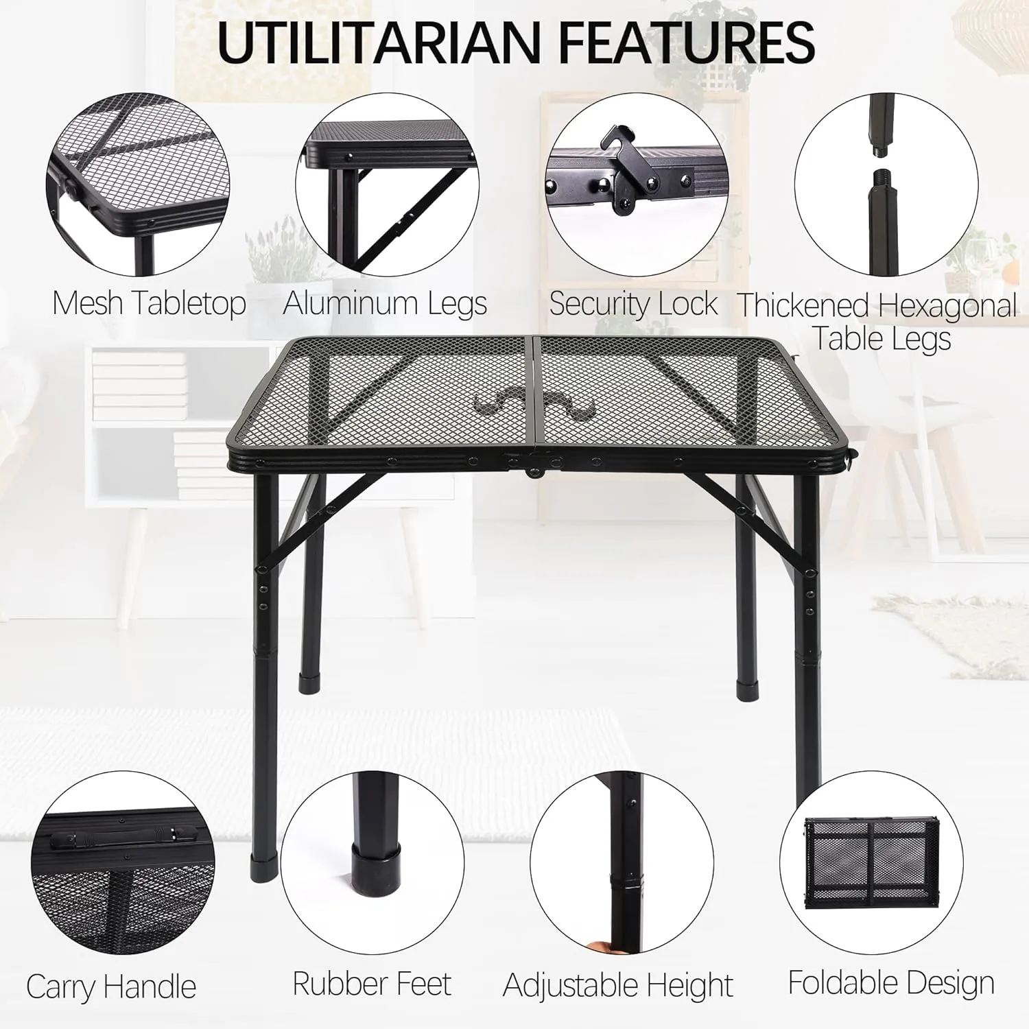 Metal Picnic Small Folding Table, Camping Grill BBQ Side Table for Outdoor Garden Patio Yard - Portable Lightweight, Compact & Height Adjustable Grill Stand