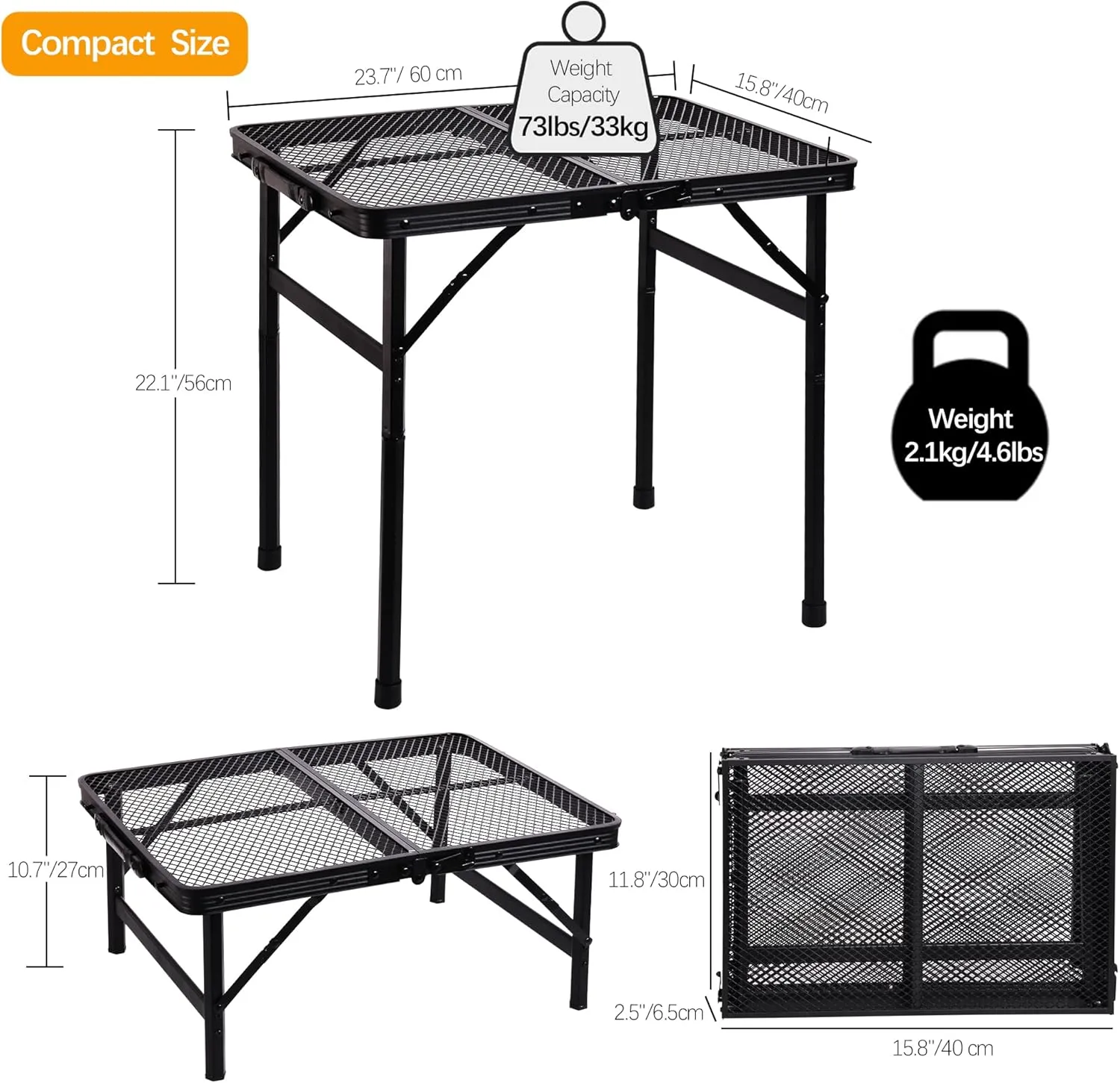 Metal Picnic Small Folding Table, Camping Grill BBQ Side Table for Outdoor Garden Patio Yard - Portable Lightweight, Compact & Height Adjustable Grill Stand