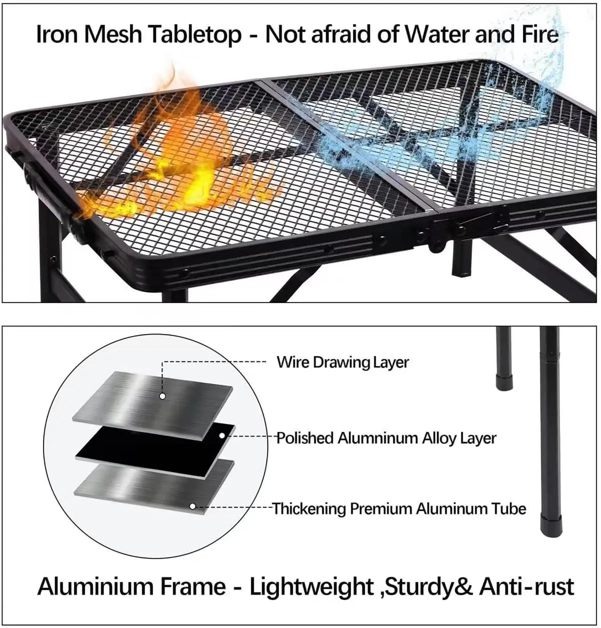Metal Picnic Small Folding Table, Camping Grill BBQ Side Table for Outdoor Garden Patio Yard - Portable Lightweight, Compact & Height Adjustable Grill Stand