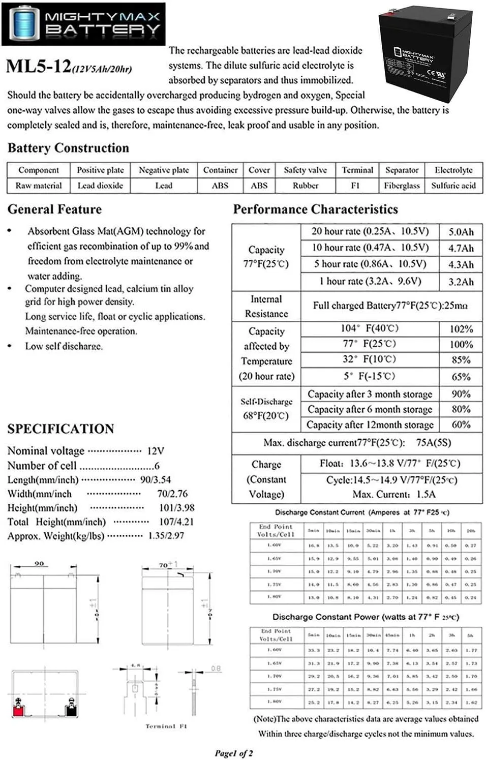 Mighty Max Battery ML5-12 - 12 Volt 5 AH, F1 Terminal, Rechargeable SLA AGM Battery