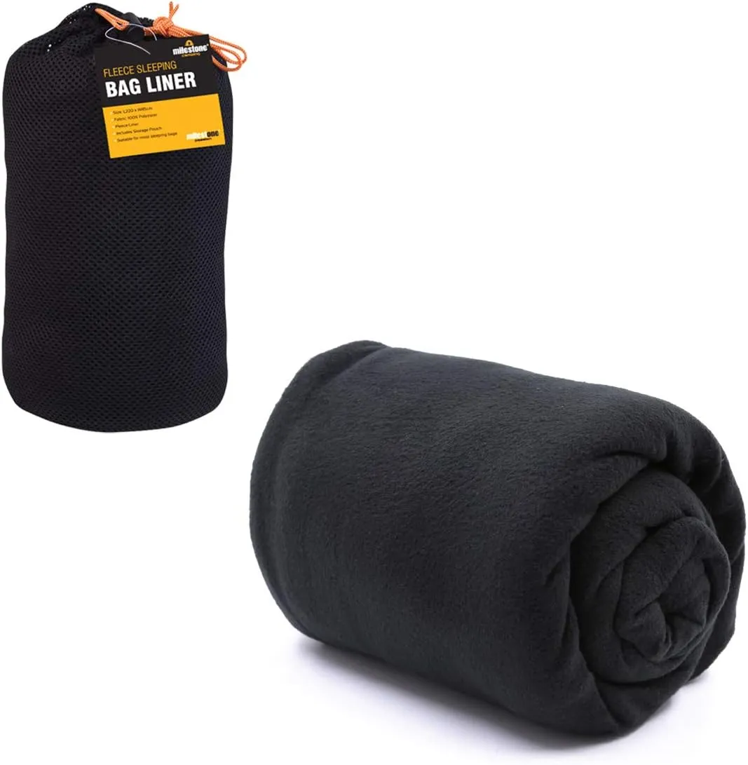 Milestones 220cm Fleece Sleeping Bag Liner Black Inner Camping Sheet Travel Sack   Pouch