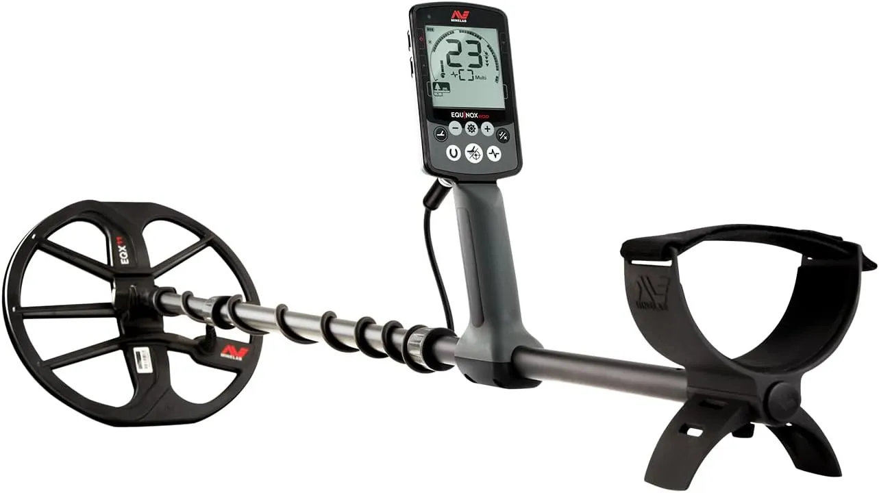 MINELAB Equinox 600 Multi-Frequency Waterproof Metal Detector for Adults with 11” Double-D Smart Coil & Wire Headphones (Option for 3 Single Frequencies, 3 Detect Modes)
