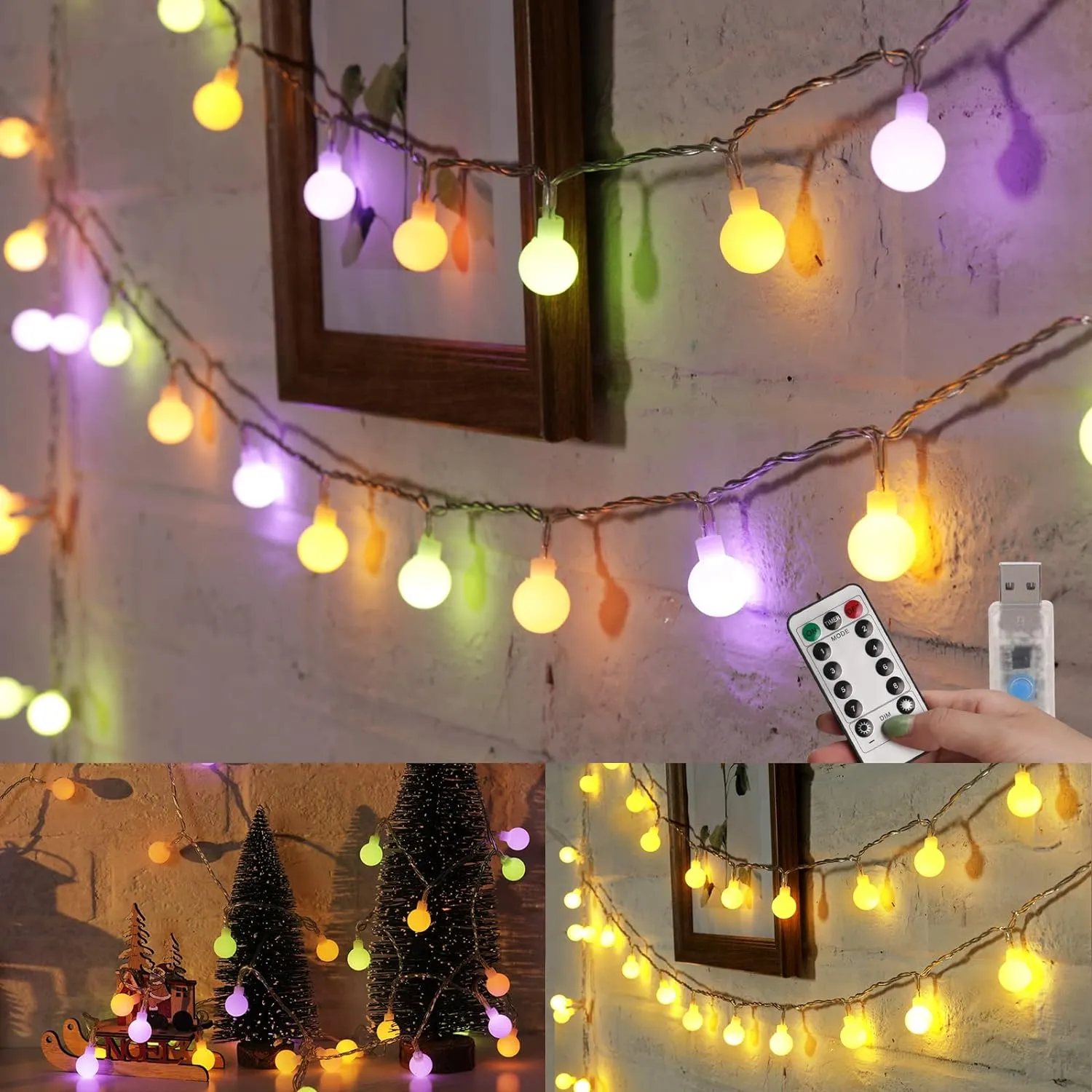 Minetom 33 Feet 100 Led Mini Globe String Lights, USB Fairy String Lights Plug in, 8 Modes with Remote, Decor for Indoor Outdoor Party Wedding Christmas Tree Garden, Warm and Multi