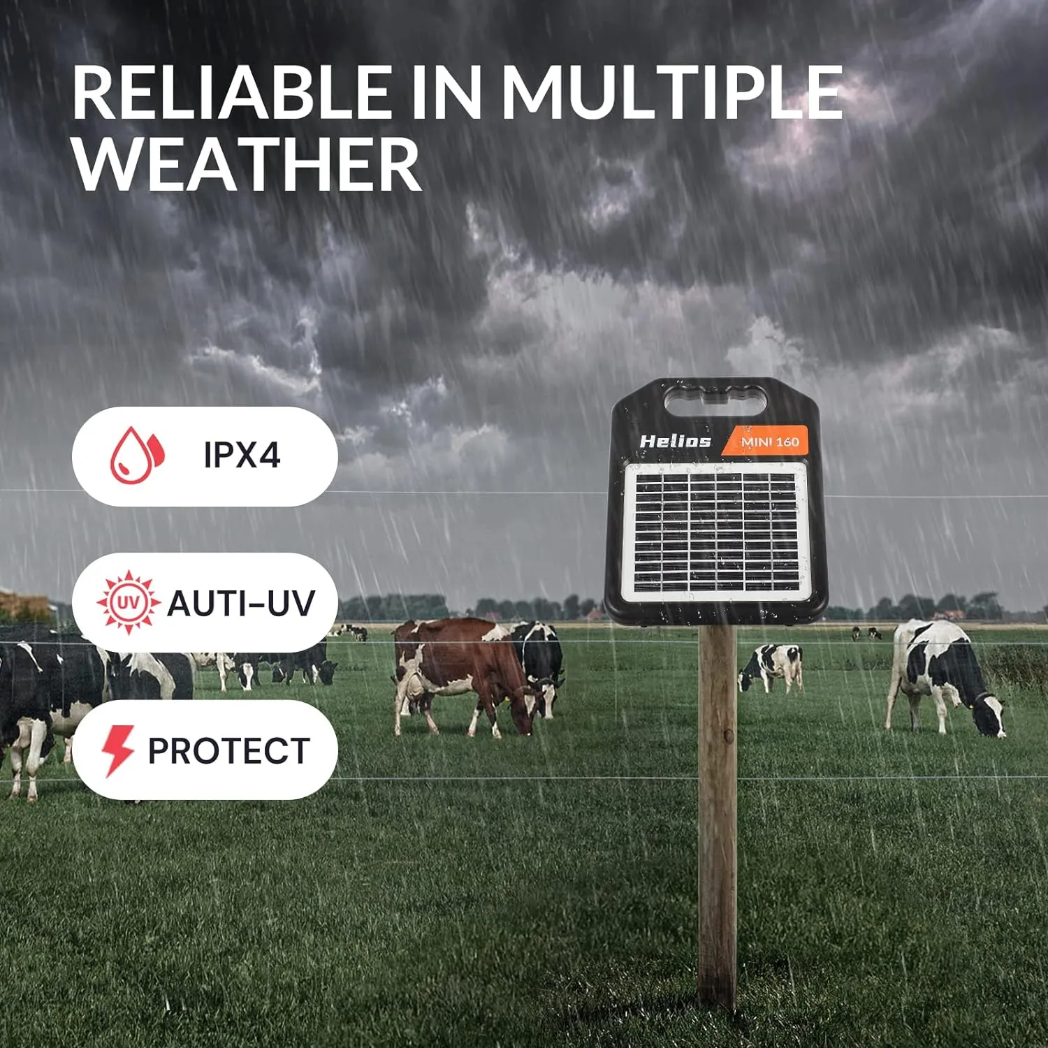 MINI160 10 Miles Portable Solar Electric Fence Charger with DayNight Mode, Black, 8.66x11.02x6.69 inches