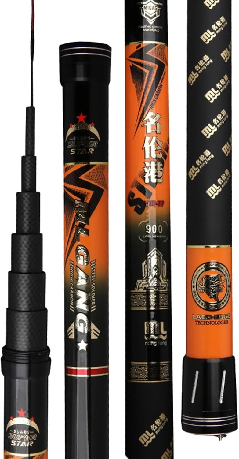MirOdo Far Fishing Rod 8-16m Carbon Fishing Rod Ultra Light Ultra Hard Long Section Hand Pole Can Shrink 123cm Deep Water Fishing Rod for Rivers Streams Lakes Reservoirs(16m), Black/Orange