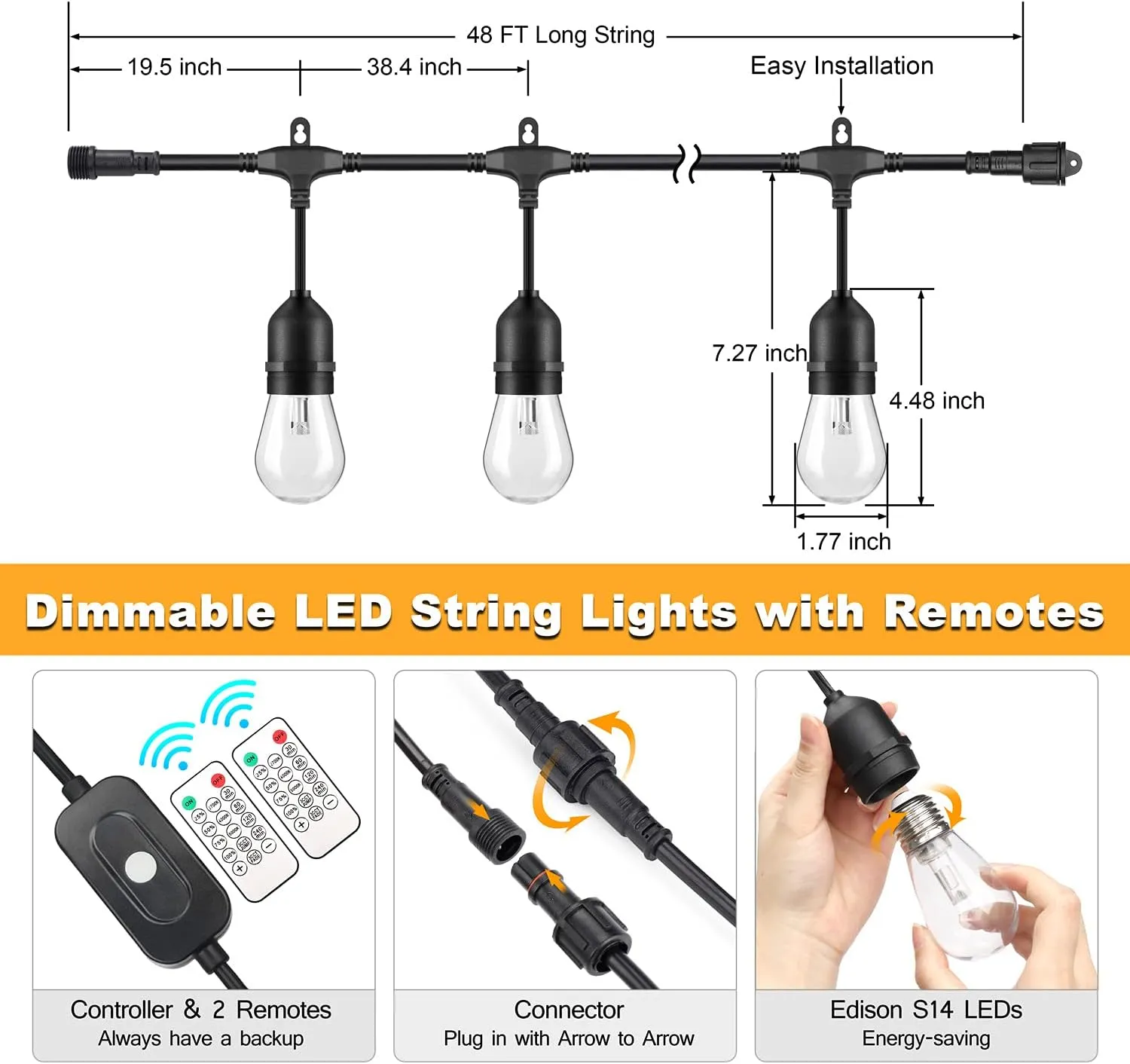Mlambert 3 Color Outdoor LED Dimmable String Lights for Patio with Remote, Plug in 48FT Waterproof Shatterproof Edison Bulb Lights for Bistro Pergola