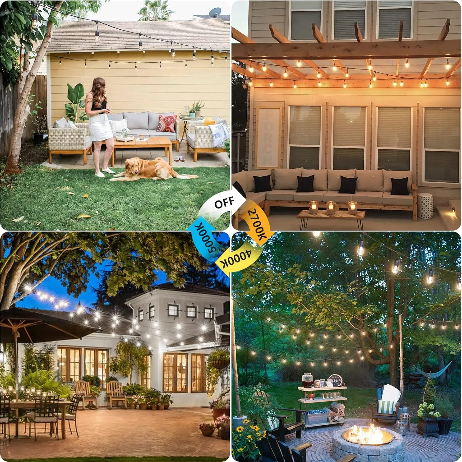 Mlambert 3 Color Outdoor LED Dimmable String Lights for Patio with Remote, Plug in 48FT Waterproof Shatterproof Edison Bulb Lights for Bistro Pergola