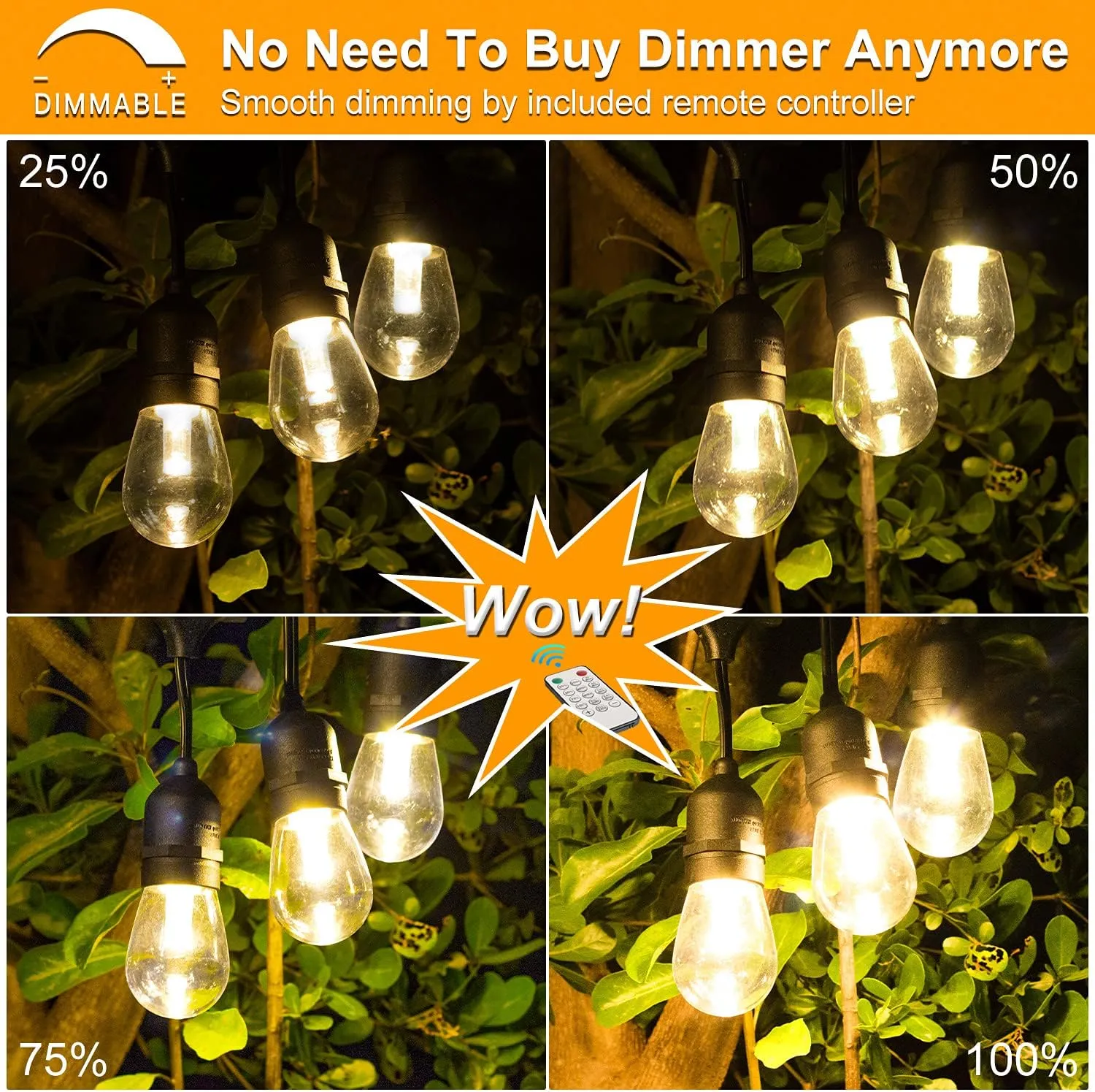 Mlambert 3 Color Outdoor LED Dimmable String Lights for Patio with Remote, Plug in 48FT Waterproof Shatterproof Edison Bulb Lights for Bistro Pergola