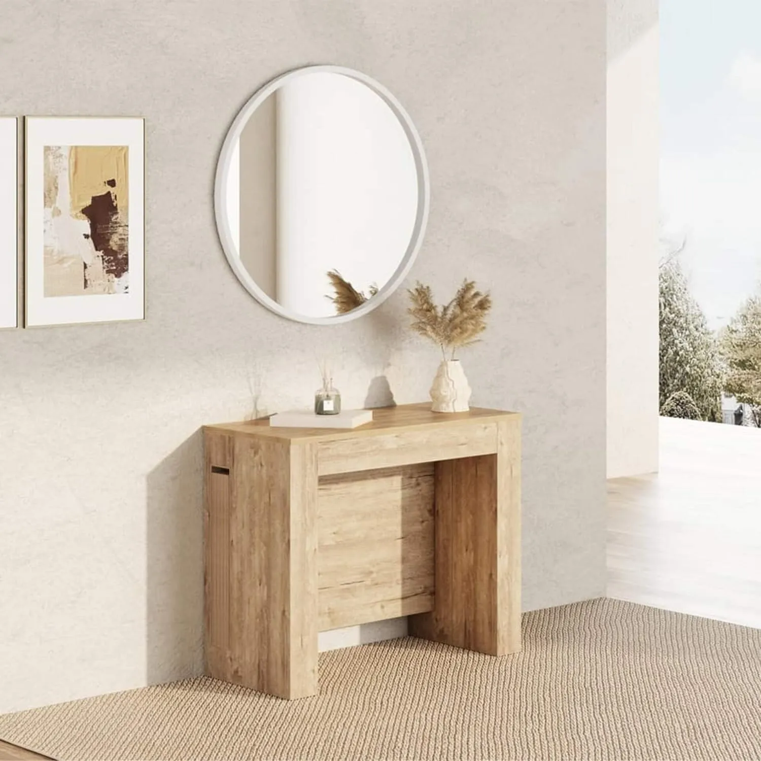 Mobili Fiver, Easy, Extendable Console Table with Extension Leaves Holder, 17.7(120.1) x35.4 in, Oak, Made in Italy