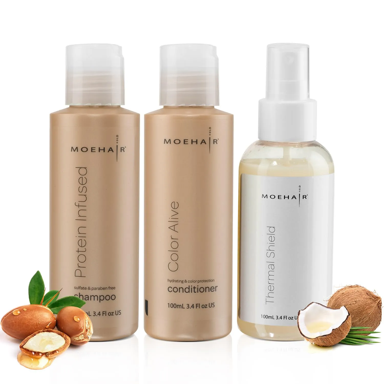 MOEHAIR Protein Infused Hair Care Set - Shampoo, Color Conditioner, and Heat Protectant Spray (3.4 fl oz each) | Volumizing and Nourishing Travel Size
