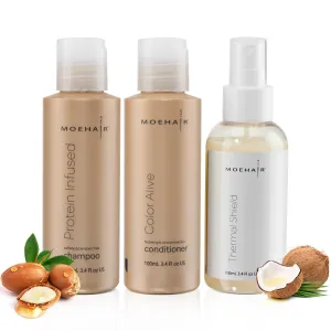 MOEHAIR Protein Infused Hair Care Set - Shampoo, Color Conditioner, and Heat Protectant Spray (3.4 fl oz each) | Volumizing and Nourishing Travel Size